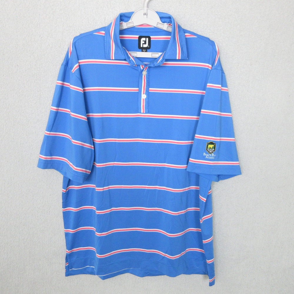 FootJoy Golf Polo Shirt Men's Large Stripe Blue Pink Bear's Best Atlanta FJ Logo